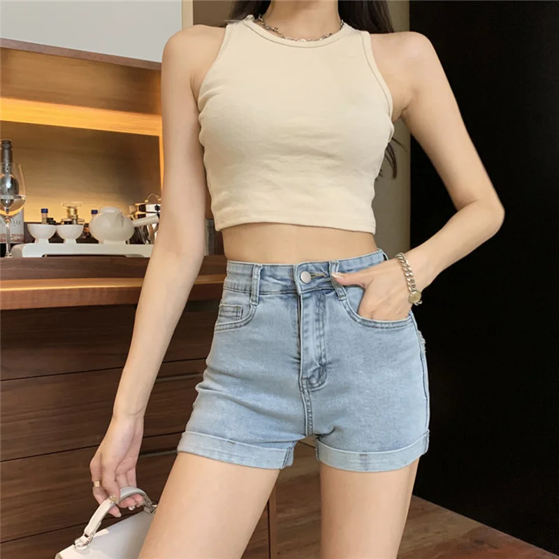 Women's New Denim Shorts High Elasticity Heart-shaped Hips High Waist Summer Flanging Straight Hot Pants High Waist Shorts