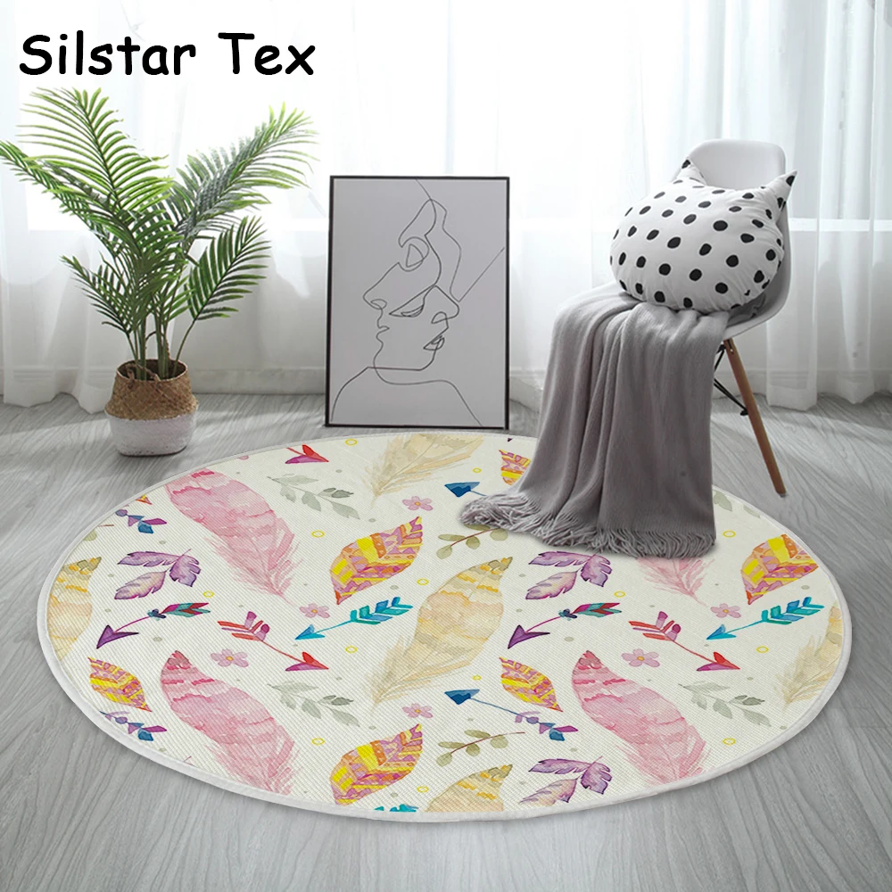 Хлопковый круглый коврик Silstar Tex с разноцветными перьями богемный диаметром 90 см