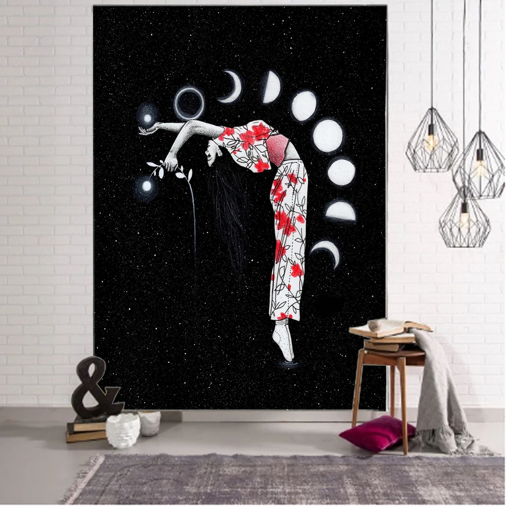 

Moon girl illustration art deco tapestry squad witchcraft mandala wall decoration curtain tapestry bohemian hippie wall tapestry