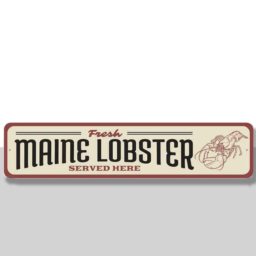 

Свежий Мэн-лобстер обслуживает здесь, значок для магазина морепродуктов, металлический знак для пляжного ресторана