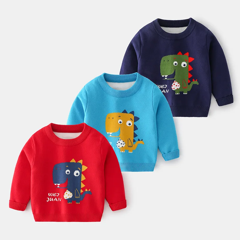 

New Autumn Boys' Round Neck Casual Cartoon Dinosaur Pullover Sweater