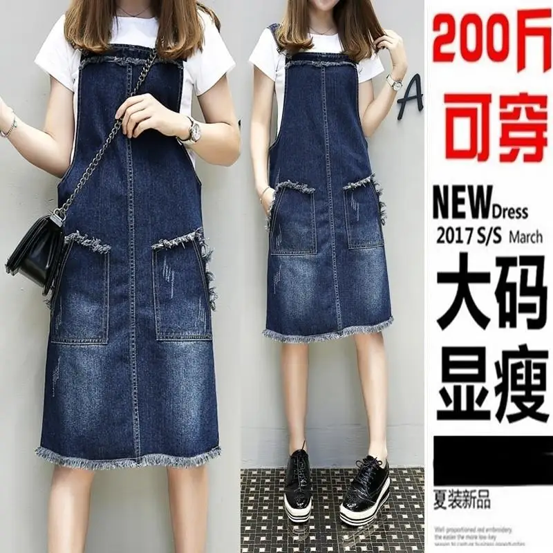 Женское джинсовое платье на подтяжках весна-лето винтажное свободное сарафан с