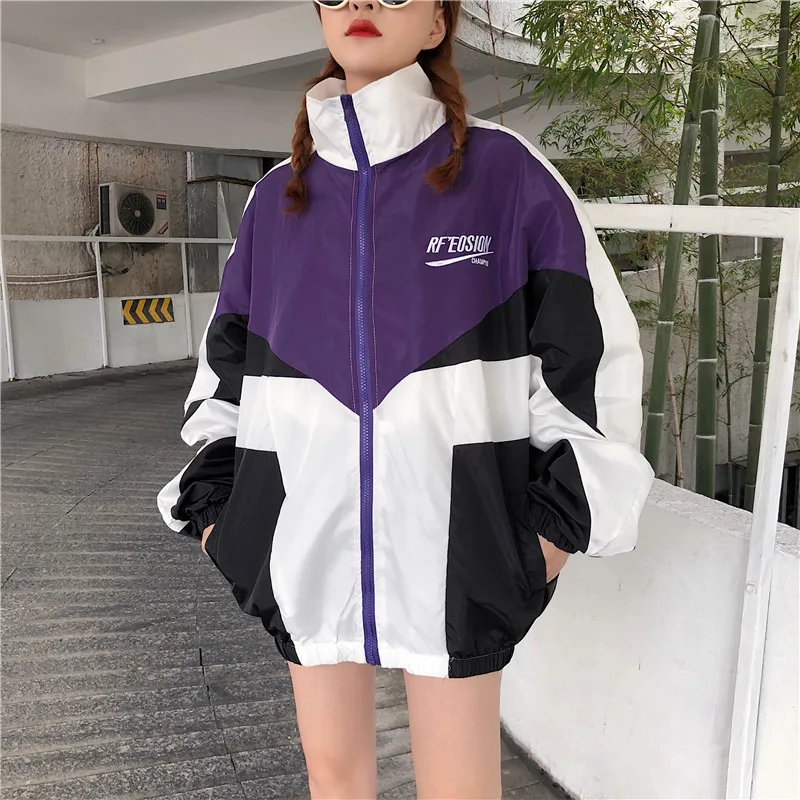 

Jackets Women Patchwork Color Loose Zippered Stand Collar Tracksuit Windbreaker Coats Hip Hop Female Streetwear Outwear