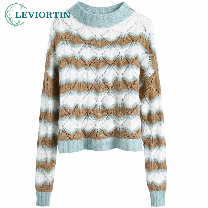 

Colorful Stripe Print Jumper Women Casual Sweaters 2021 Fashion O-neck Knitwear Loose Knitted Sweater Pullovers for Female