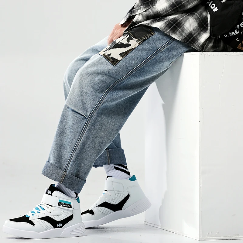 Мужские широкие джинсы SingleRoad камуфляжные синие до щиколотки с карманами в стиле