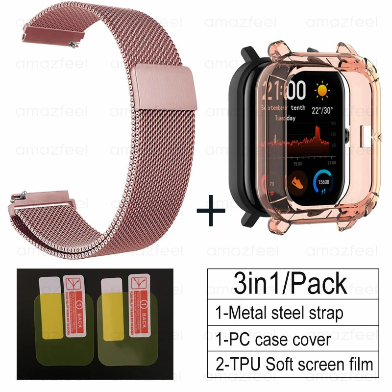 rose pink-pink 3в1 Для Amazfit GTS ремешок+ ТПУ чехол для Huami Amazfit gts Smartwatch Защитная пленка для экрана браслет ремешок на запястье - Цвет: rose pink-pink