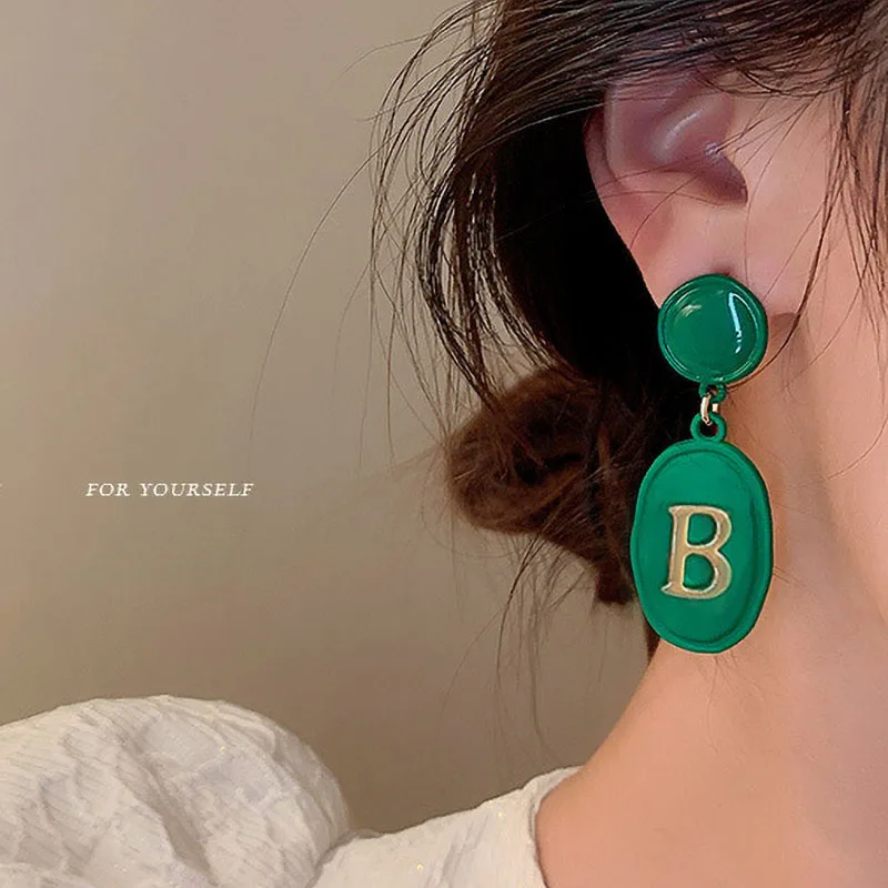 

S925 New Korea Retro Green Letter B Dangle Earrings for Women Girl Geometric Square Oval Alloy Drop Earrings Party Jewelry Gift