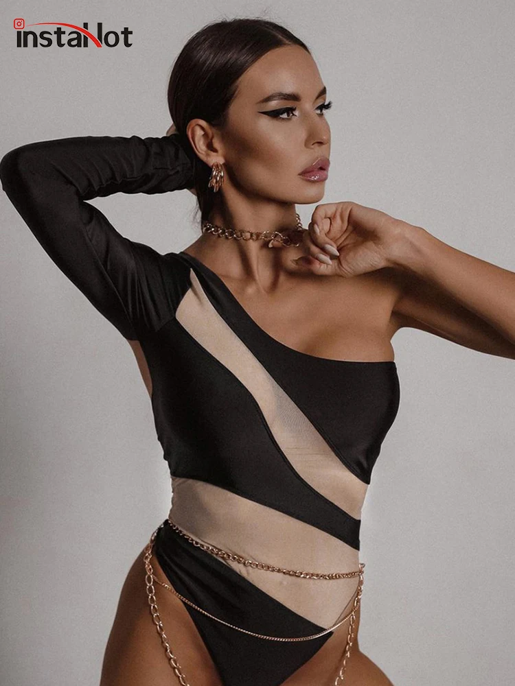 

InstaHot Sexy Women Patchwork Mesh Bodysuit One Shoulder Long Sleeve Autumn Bodycon Streetwear Casual Fashion Female Clothing