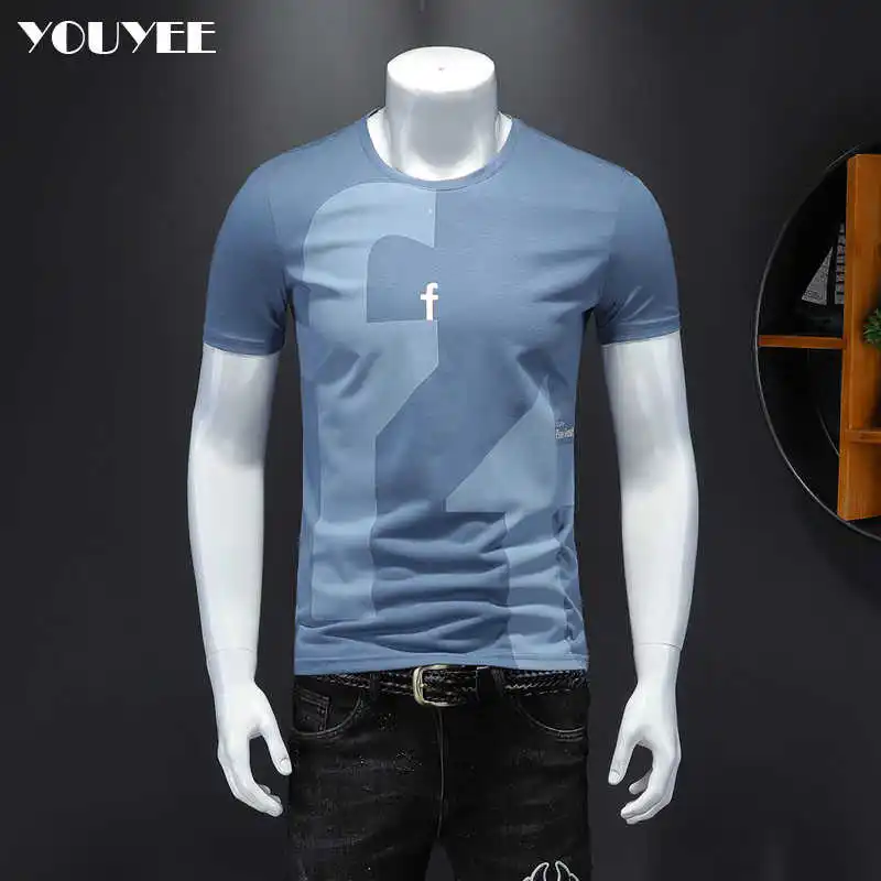 

Letter T-shirt Men's Printing Slim 2021 Summer Korean Trend Youth Blue Easy Matching Cotton High-Quality Male Clothing Top 5xl