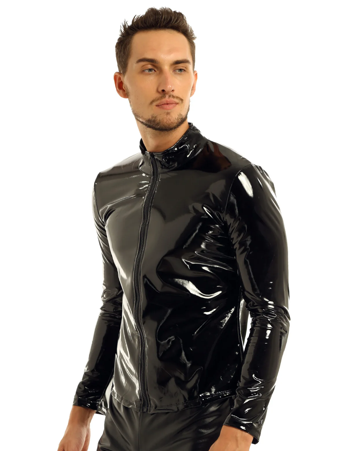 Black Men Shiny Metallic Long Sleeve Front-Zip Stand Collar Tops Wet Look Patent Leather Nightclub Style T-shirt Top Coat