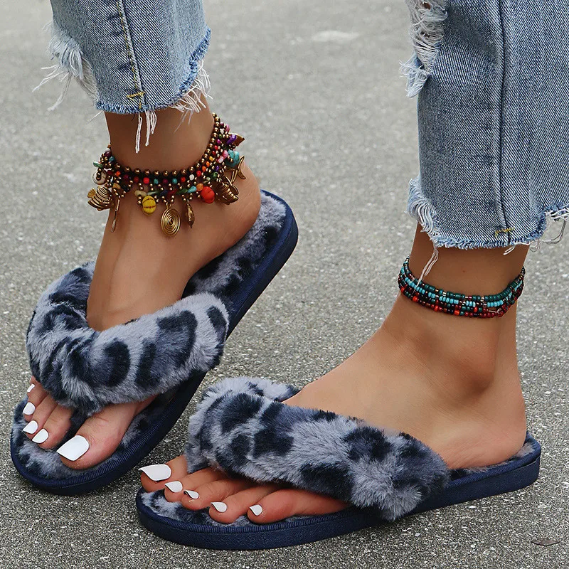 Warm Furry Slippers Women Cozy Faux Fur Indoor Home Slides Leopard Soft Fluffy Shoes Ladies Celebrities Flip Flops Female Shoes