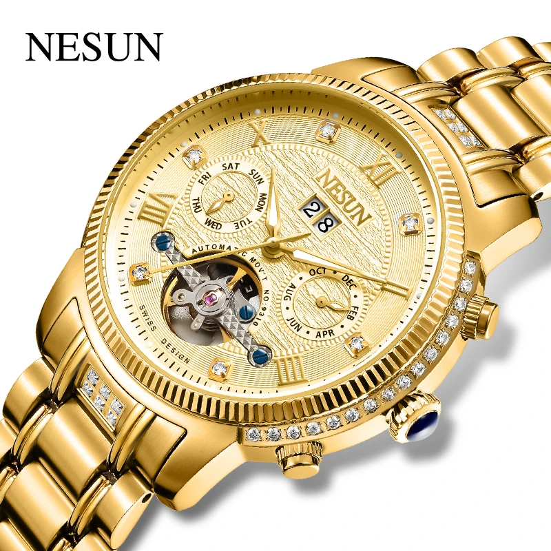 

NESUN Switzerland Official Original Men Business Automatic Wristwatches Stainless Steel Mechanical Male Gold Gift Clock 9310 New