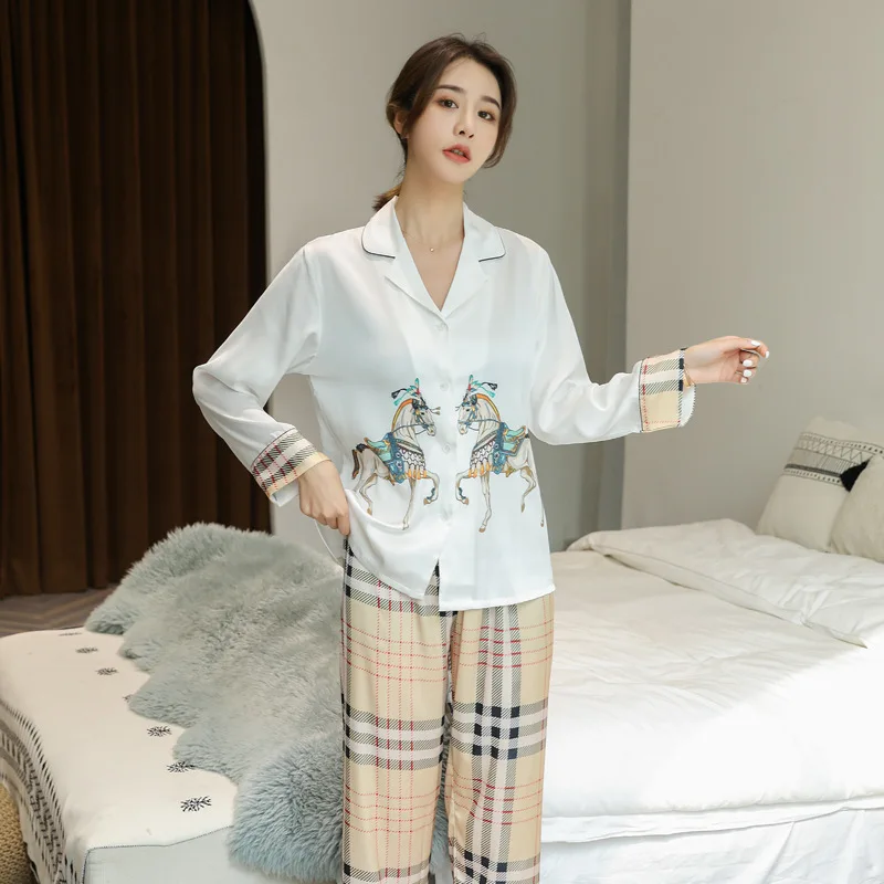 Pajamas Women's Spring and Summer Ice Silk Long Sleeve Cardigan Casual Suit Korean Cartoon Printing Silk Home Clothes Sleep Tops