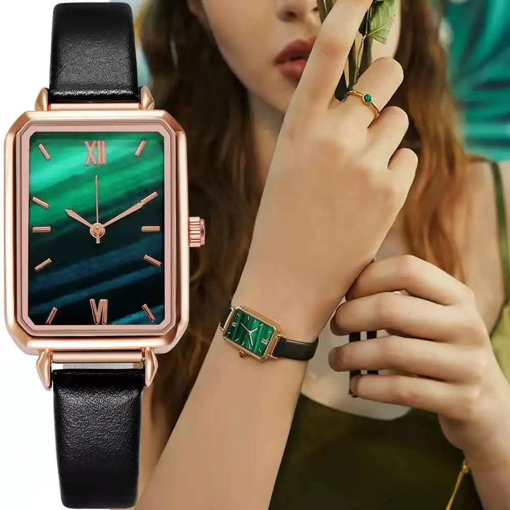 

SHSHD Brand Women Watches Fashion Square Ladies Quartz Watch Bracelet Set Green Dial Simple Rose Gold Mesh Luxury Women Watches