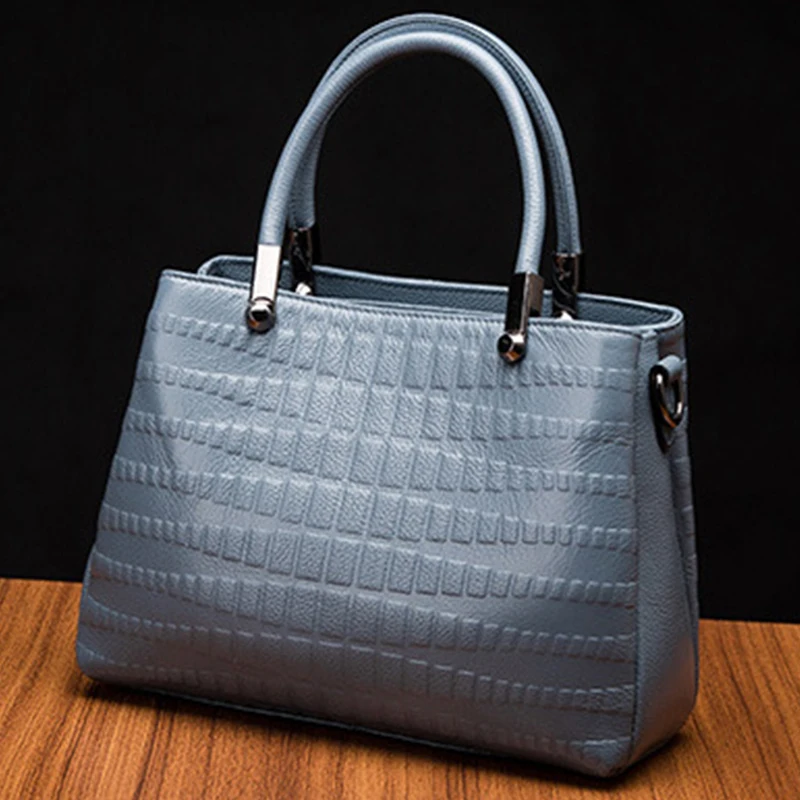 Sky Blue Color Alligator Pattern Women Top-Handle Clutches Fashion Lady Female Genuine Cow Leather Handbags Large Mommy Purses