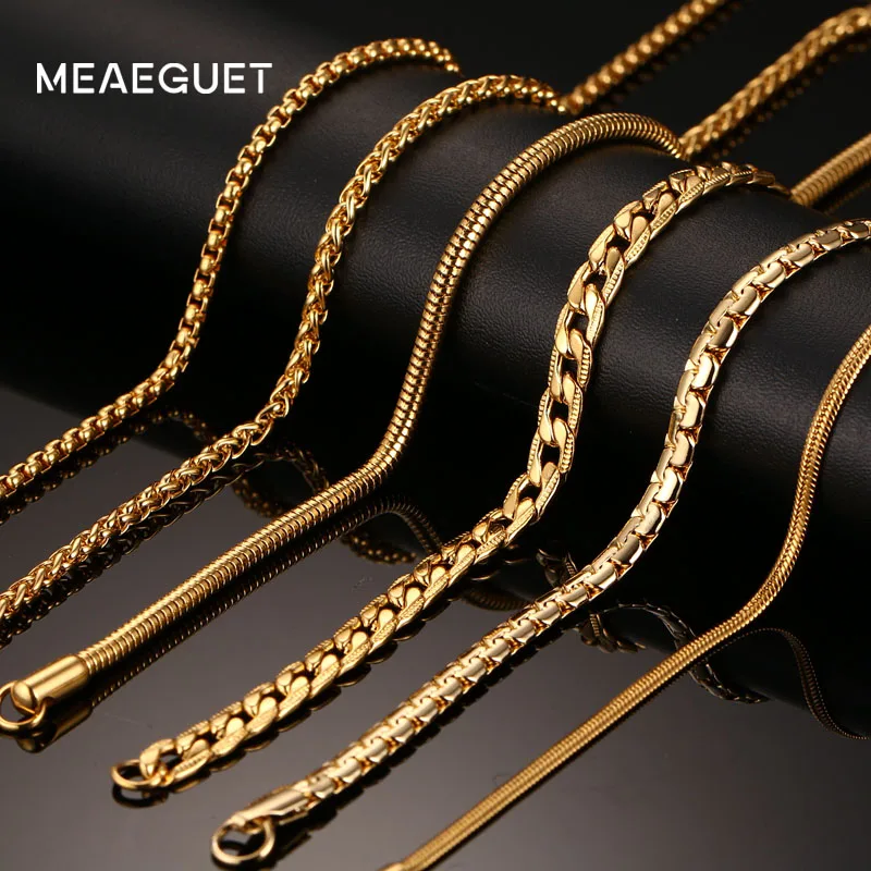 Meaeguet 20 дюймов золотой цвет нержавеющая сталь цепочка на шею для мужчин и женщин змея/коробка/Висячие/панцирные/плоские/Твист цепи шириной 3 мм/6 мм