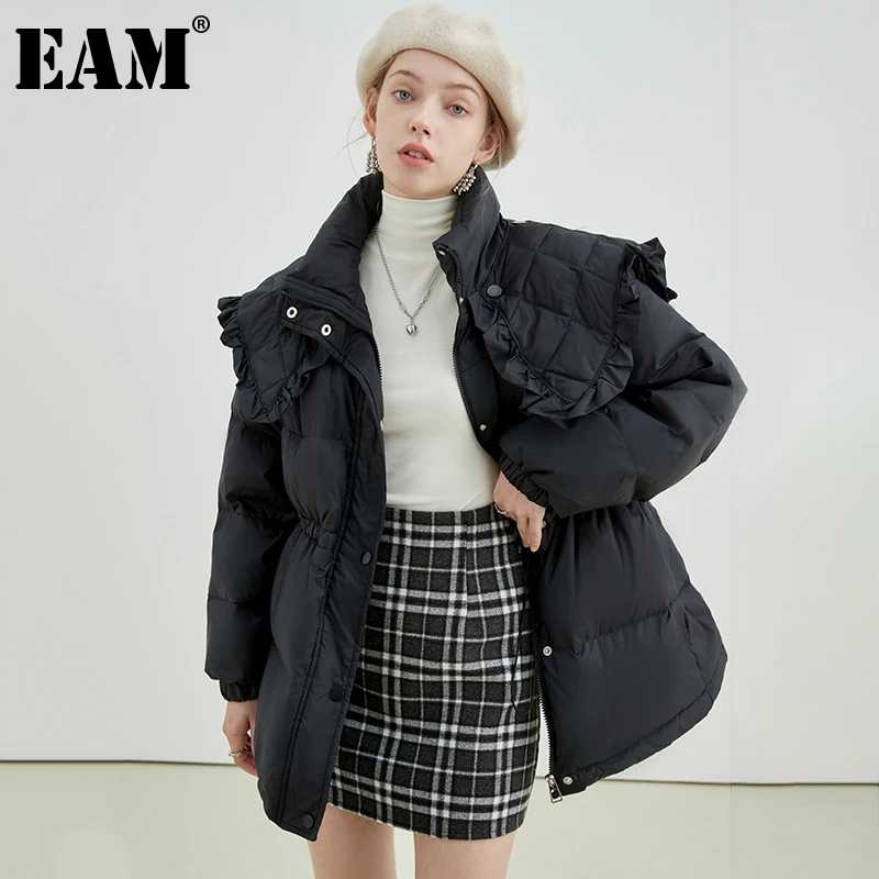 

[EAM] Loose Fit Black Ruffles Big Size Down Jacket New Long Sleeve Warm Women Parkas Fashion Tide Autumn Winter 2021 1DE5727