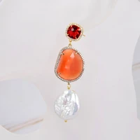 natural white coin pearl cultured white keshi pearl orange crystal cz pace hook dangle earrings