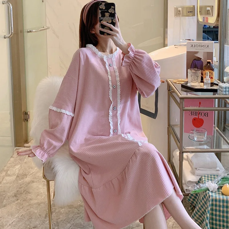 Ночная рубашка женская хлопковая в Корейском стиле повседневный свободный халат