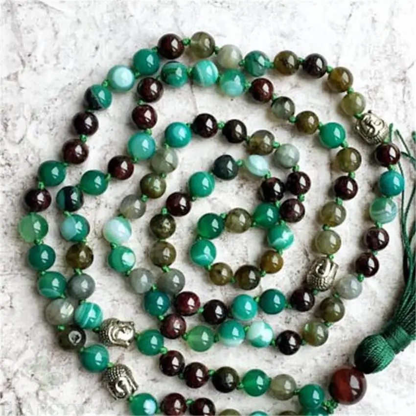 

6mm green agate Gemstone 108 Beads Tassels Mala Necklace yoga pray Unisex MONK Healing Lucky Wristband Meditation fengshui