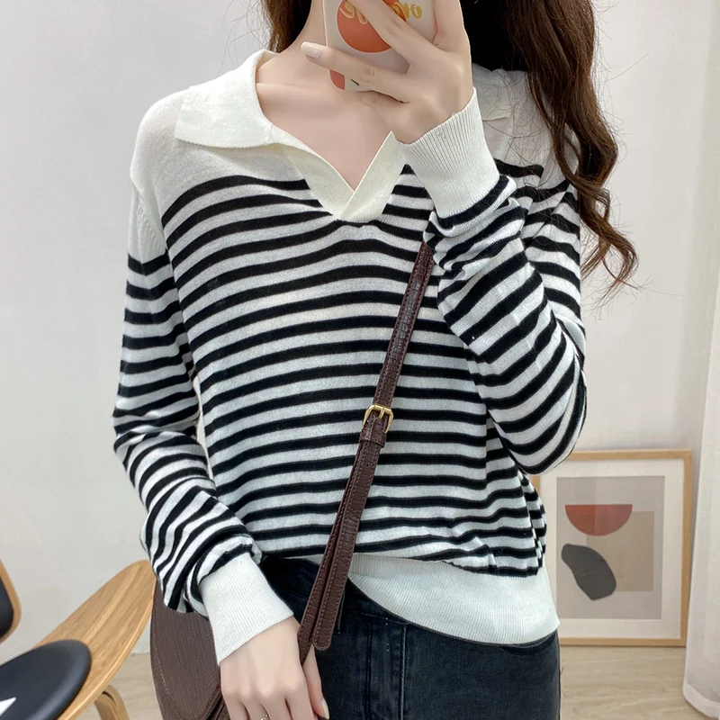 

Striped Female Fall and Winter Inner Wear 2020 New Style Loose Versatile Pullover Base Sweater Long Sleeve Top Western