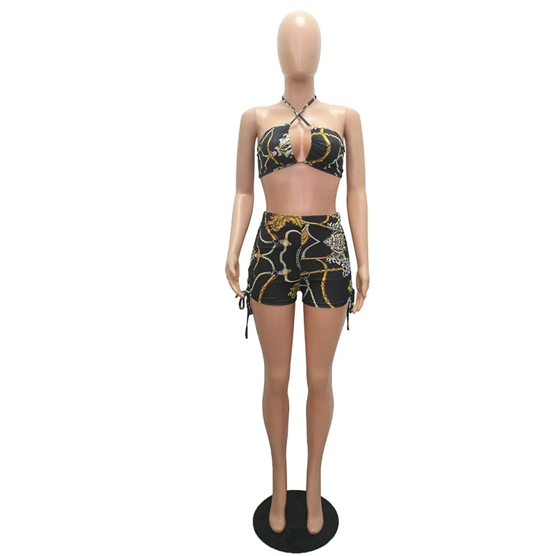 

Kricesseen Sexy Print Bandage Two Pieces Shorts Set Matching Sets Women Summer Halter Top And Lace Up Shorts 2 Pieces Suits