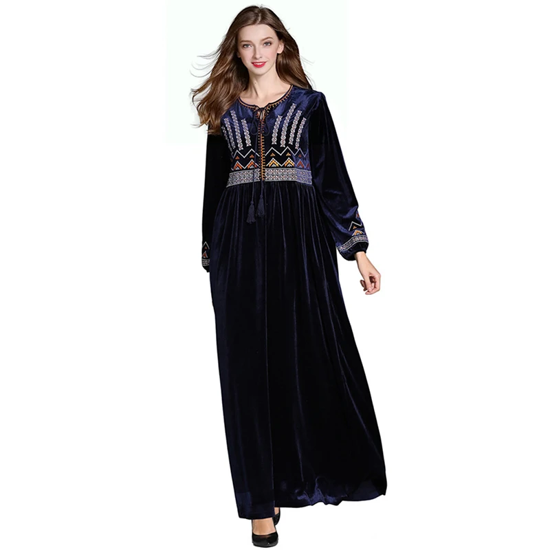 Женское длинное платье-мусульманка с длинным рукавом велюровое платье вышивкой