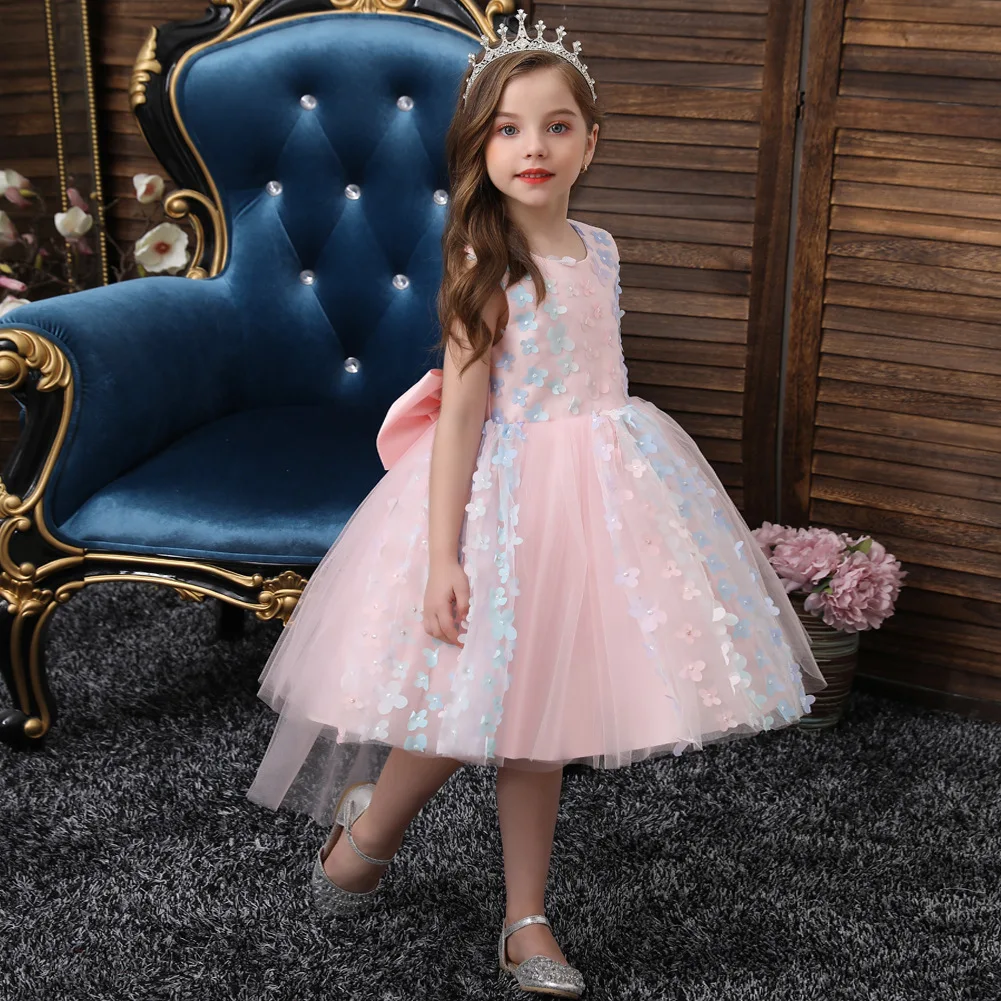 

Knee Length Kids Birthday Party Dresses Short Evening Gown 2021 Applique Flower Girl Party Fluffy Bridal Dress for Children