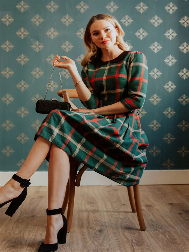 Family Christmas Matching Dress High Waisted Green Plaid O-Neck Three Quarter Elbow Sleeve Women Parent-Child Outfit Gown |