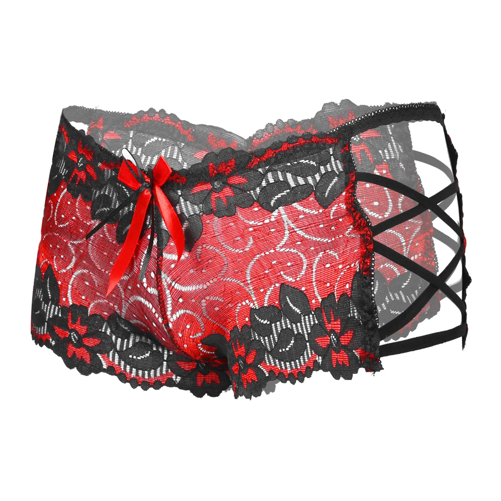 

Mens Sissy Lingerie Underwear Low Waist Lace Bowknot Briefs Underpants Hollow Nightwear Strappy Boxers See Through Jockstraps