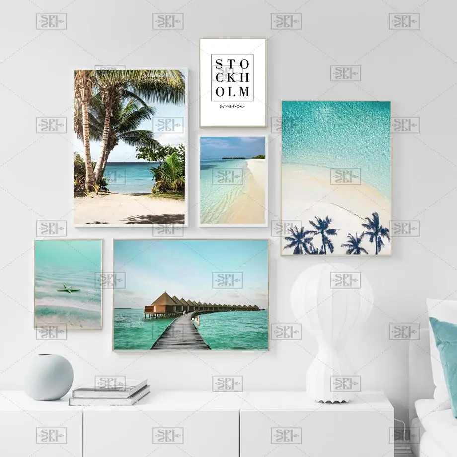 Морской остров пляж кокосовое дерево мост настенная Картина на холсте