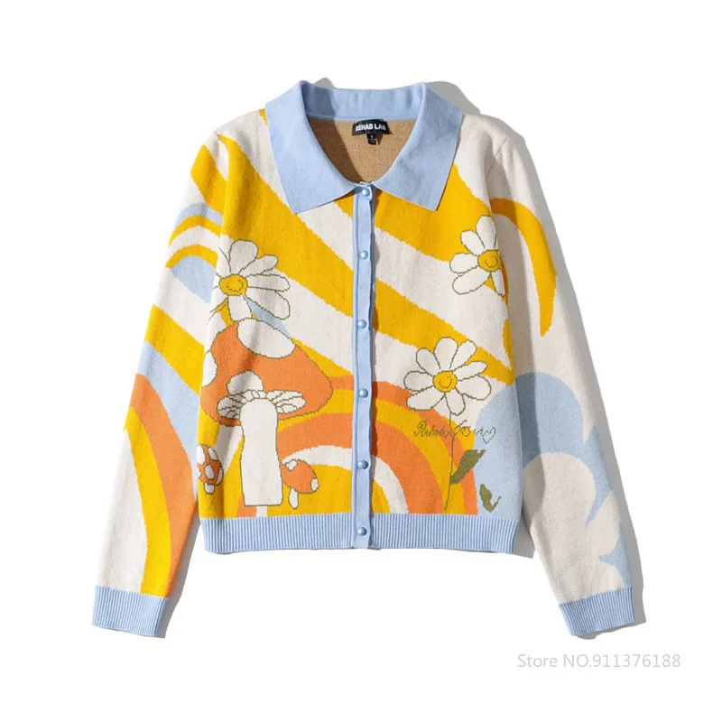 

Floral Print Short Knitted Sweater Women Autumn Chic House Lady of Fashion Sunny Single Breasted Loose Cardigans Femme