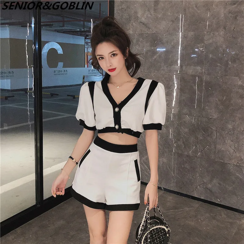 Женский спортивный костюм из двух предметов черно-белый хлопковый с высокой