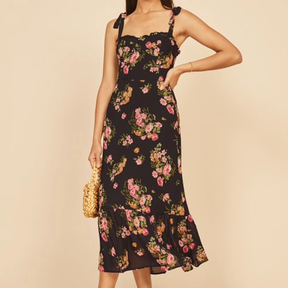 

Sling Chiffon vestido Women lacing Sexy A-line Long Dress Chic Floral Print Elegant Party robe Female Slit Sleeveless Dresses