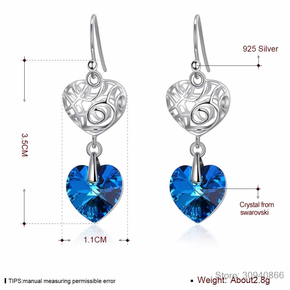 

LEKANI 925 Sterling Silver heart pendant dangler earrings made with Austrian Crystals for women wedding gift