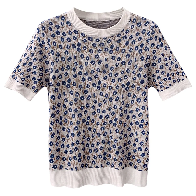

Summer Fashionable Casual Floral T Shirt for Women Round Neck Pullover Knitwear Top Female Short Sleeve Loose T Shirt