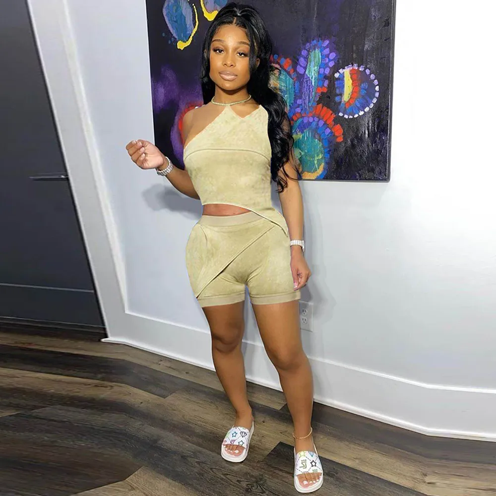 

Solid Retro Asymmetrical Two Pieces Sets One Shoulder Halter Backless Irregular Tops and Slim Fit Shorts High Street Tracksuit
