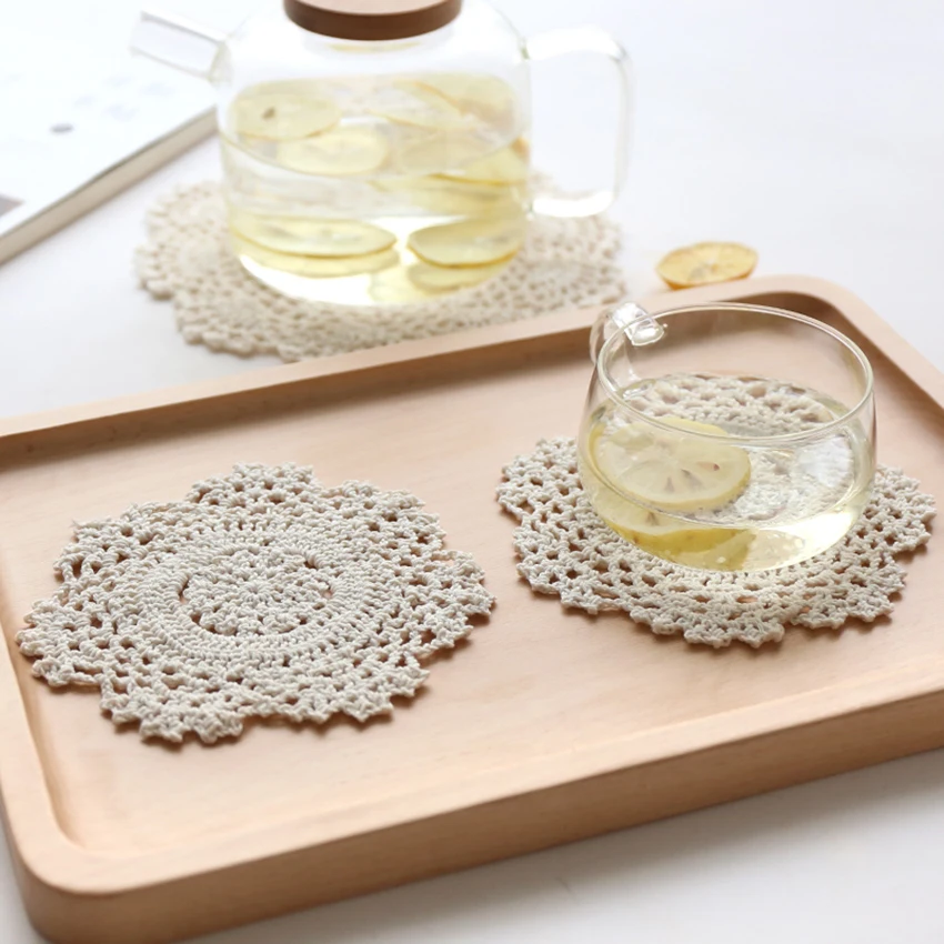 Японский Стиль кроше ручной работы хлопок резьбовой Coaster простой белый напиток