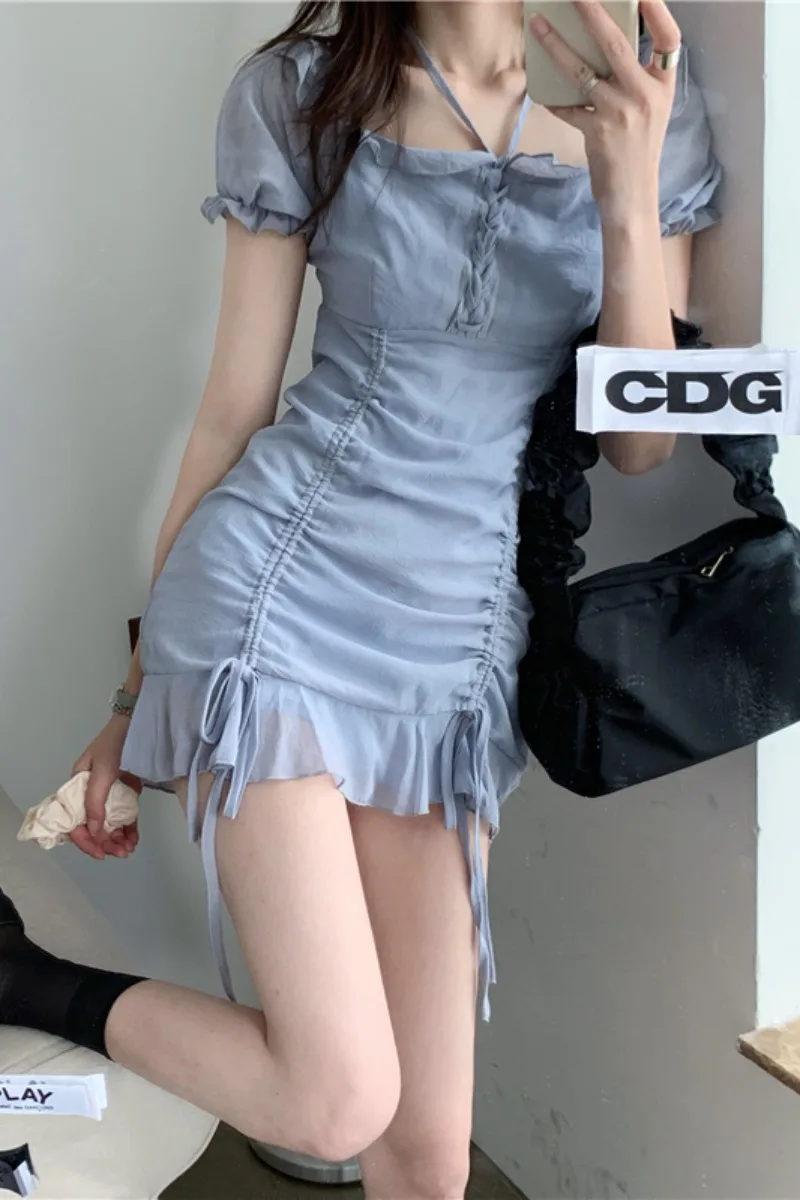 

Uulutonica Summer Women Elegant Fashion A-line Solid Draw String Above Knee, Mini Puff Sleeve Empire Square Collar Dress