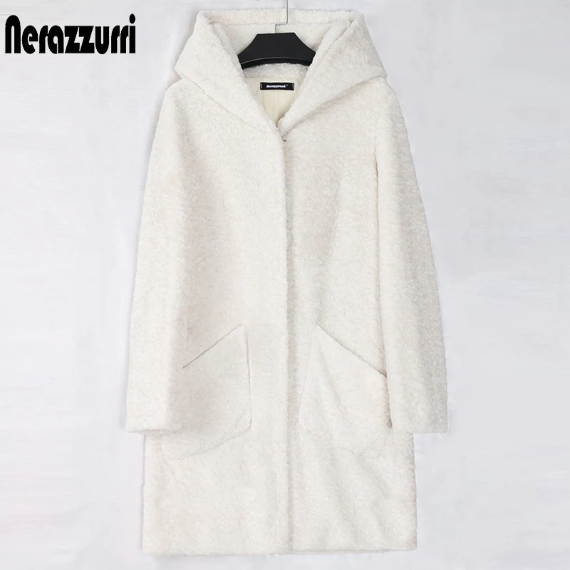 

Nerazzurri Womens Soft Warm Fall Fashion 2021 Winter White Long Karakul Fur Coat With Hood Pockets Elegant Faux Fur Coat Women