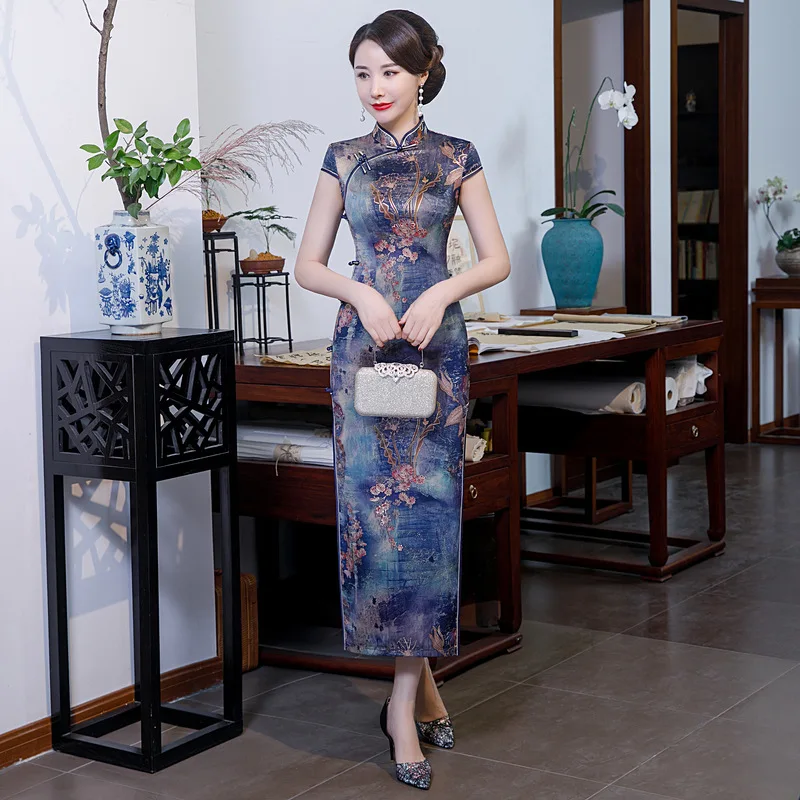 

Vintage Chinese Traditional Women Rayon Print Flower Qipao Plus Size 4XL Mandarin Collar Cheongsam Novelty Chinese Formal Dress