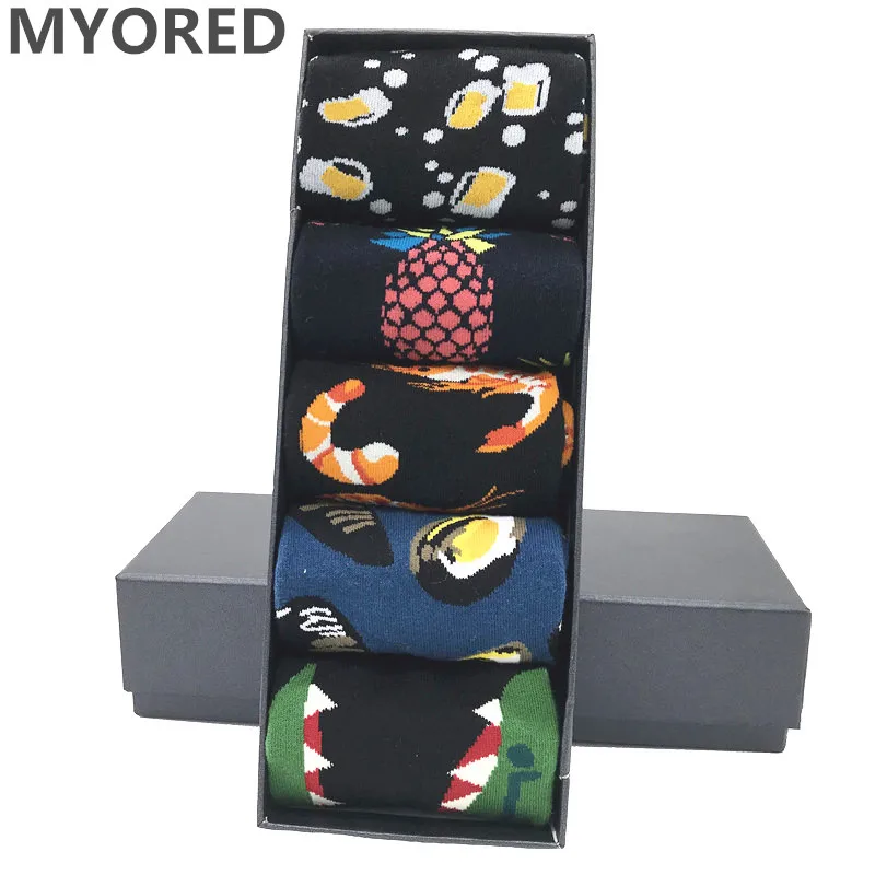 

MYORED 5 pair/lot men's socks novelty popular sea food animal fruit cartoon style colorful funny long socks for man wear NO BOX