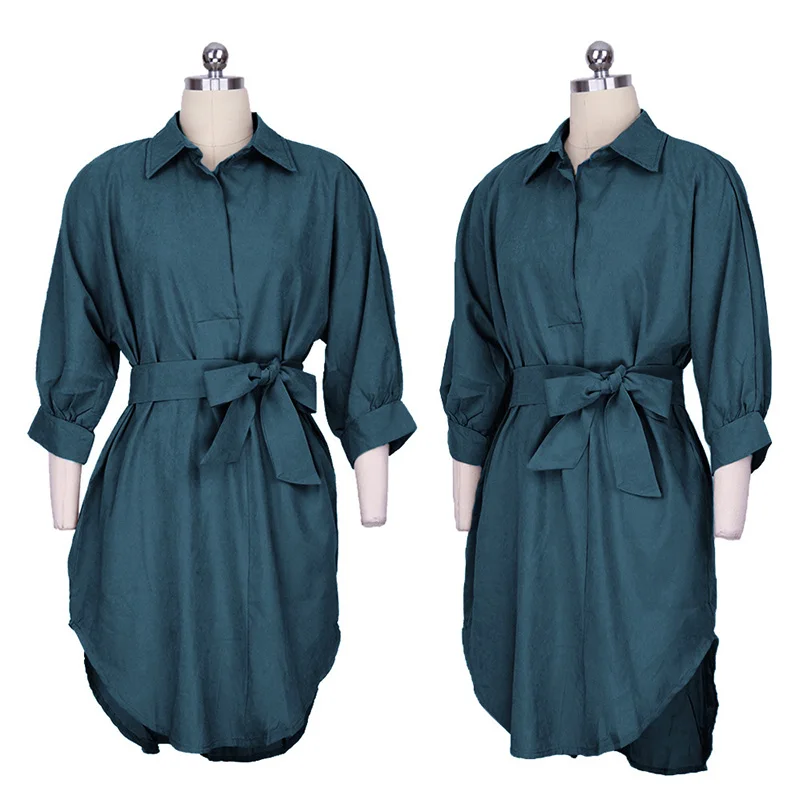 

Solid Color Loose Mid-sleeve Turn-down Collar Shirt Dress Spring Autumn Women V-Neck A-Line Above Knee Mini Dresses with Sashes