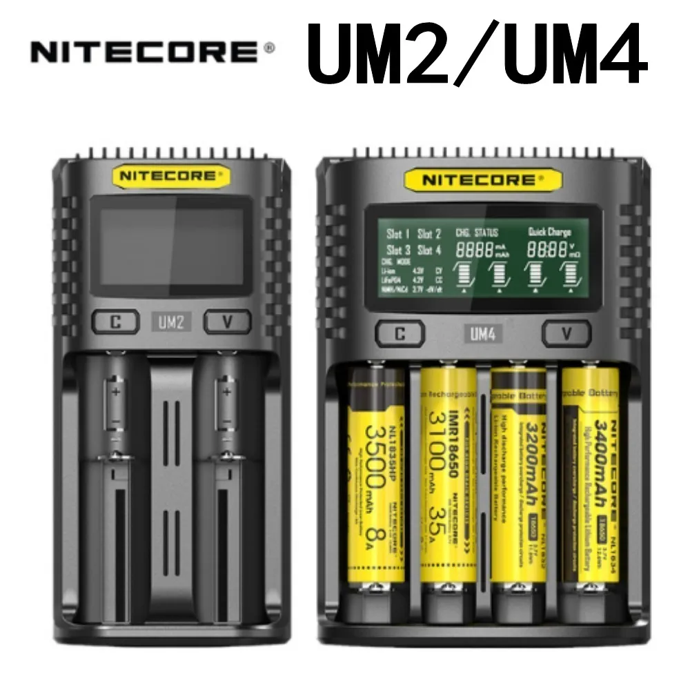 NITECORE UM2 UM4 автоматическое универсальное быстрое зарядное устройство интеллектуальное USB Двухслотовое зарядное устройство ЖК-дисплей литий-ионный IMR аккумулятор 18650 21700