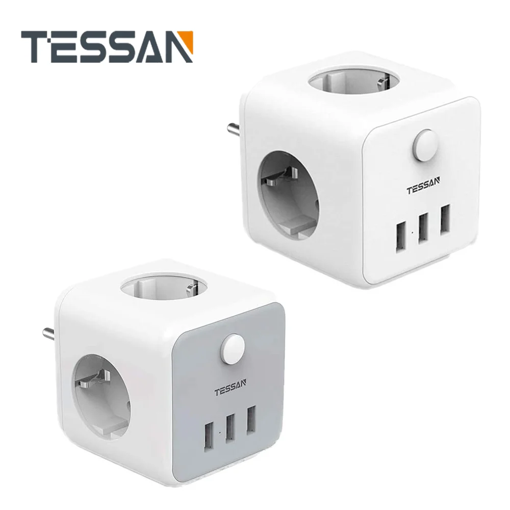 

TESSAN Power Strip EU Plug Adapter USB Socket Switch 3 Outlets 3 USB Ports Extension Multi 2500W Home Travel Charging Cube