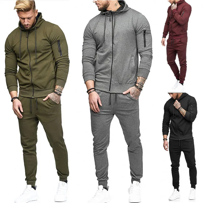 Spring/Fall Men's Slim Sports Hoodies Sets Solid Color Zipper Sweatshirts Arm Zipper Fashion Casual Sweatpants Two-piece Sets
