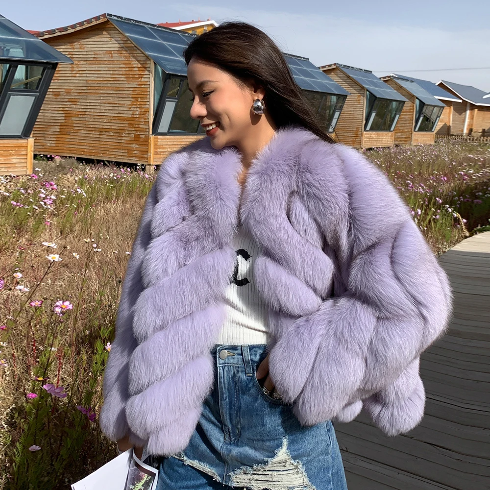 Light Purple Real Fox Fur Jacket Stand Collar Winter New Whole Skin Genuine Fox Fur Coats Thick Warm Fur Overcoats Trendy Woman