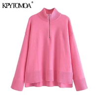 kpytomoa women 2021 fashion with zip loose knitted sweater vintage high neck long sleeve female pullovers chic tops