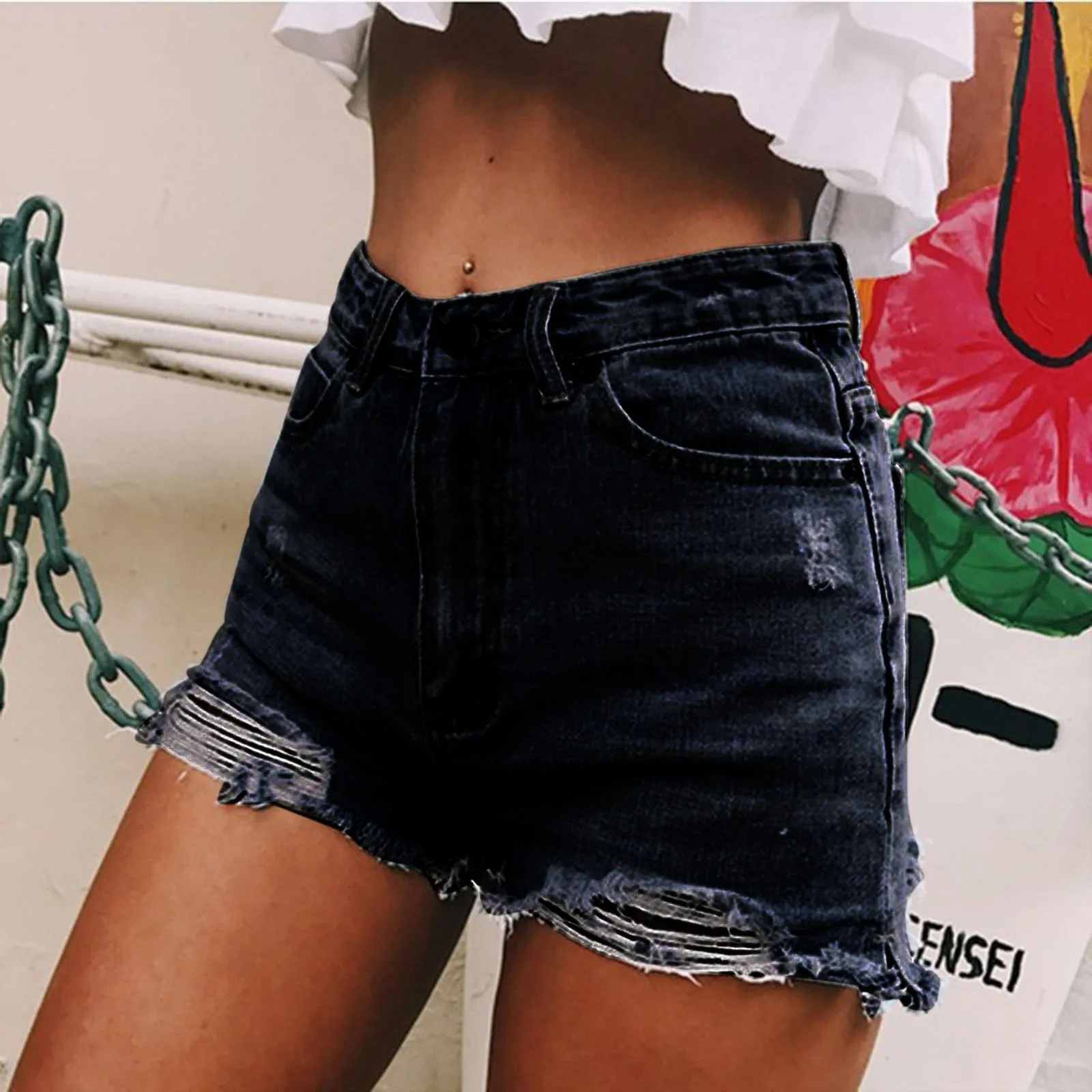 

Women's Casual Insert Pockets Sexy Personality Jeans Ultra-Short Denim Shorts Lady Bodysuit Large Hole Denim pantalon pour femme