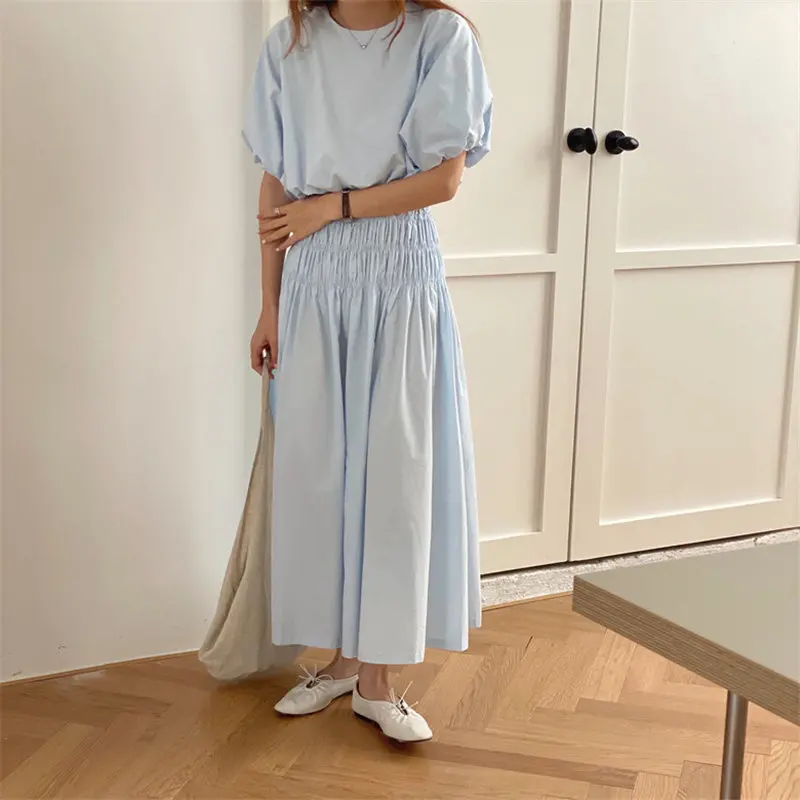 

2021 Summer Loose Hot Vintage Sweet Brief Blouses+New Loose Thin A-Line Solid Skirts All Match Two Piece Sets